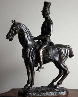 Merene "Trooper on Horse" bronze sculpture: "Trooper on Horse" bronze sculpture after Merene measuring approx. 24h x 20.5w x 6.5d with a dark brown patina and good detail. The sculpture has been well maintained with very good detail and finish.