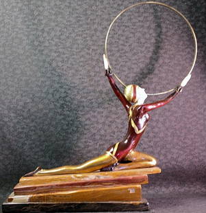 "Dancer with ring" Chiparus bronze and ivory sculpture: Bronze and Ivory sculpture "Dancer with Ring" after Chiparus.The work presents a unique opportunity for anyone to possess a classic work of art. Ivory intricately hand carved. Bronze is colored
