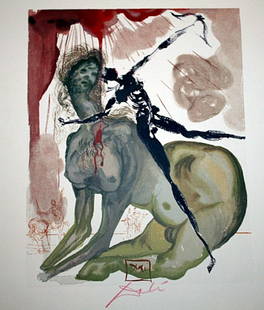 Dali rare signed color woodcut: Signed woodblock printed in colors on BFK Rives paper after original watercolors by the artist, c. 1963, signed in red pencil, printed on BFK Rives paper, as published by Les Heures Claires, Paris