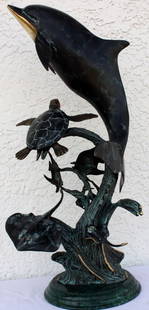 "Sea Scene" sculpture: One large very detailed "Sea Scene" bronze sculpture measuring approx. 30hx11x13 with very good detail and finish. The work is in very good condition.