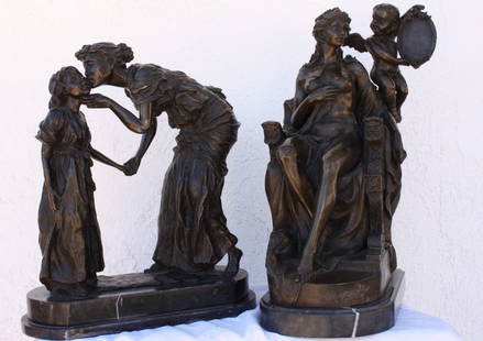 Pr. of Classical bronze sculptures: One lot of two "Classical" bronze sculptures after Keene measuring approx. 19x16x8 and 19x11x12.5 both containing a brown patina finish and average wear due to age.