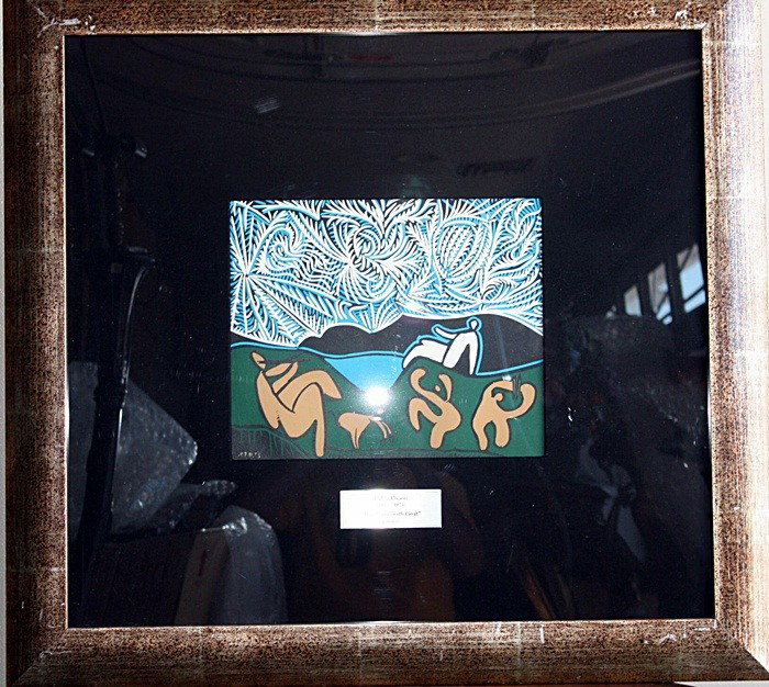 Picasso "Bacchanal w/goat" original linocut: Picasso "Bacchanal with goat" original linocut printed in Germany by Fernand Mourlot. One of only 256 copies, printed in 1963 under Picasso. All plated were destroyed after printing. Very rare in mint