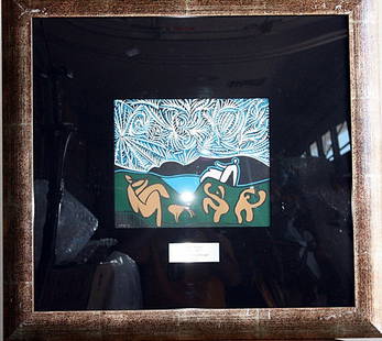 Picasso "Bacchanal w/goat" original linocut: Picasso "Bacchanal with goat" original linocut printed in Germany by Fernand Mourlot. One of only 256 copies, printed in 1963 under Picasso. All plated were destroyed after printing. Very rare in