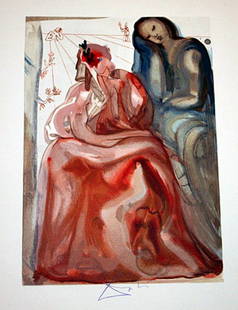 Dali rare signed color woodcut: Signed woodblock printed in colors on BFK Rives paper after original watercolors by the artist, c. 1963, signed in red pencil, printed on BFK Rives paper, as published by Les Heures Claires, Paris