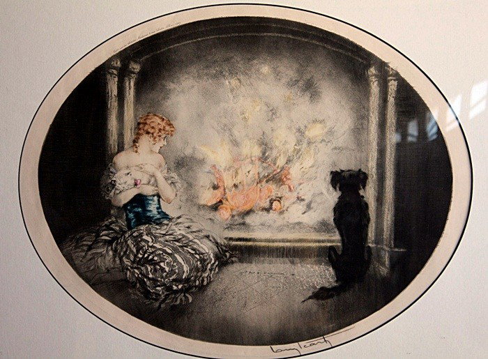 Icart "Cinderella" original drypoint etching: Louis Icart "Cinderella" original drypoint etching with hand watercoloring. Hand signed in pencil in lower margin. Limited to 250 impressions with blind stamp. The work measures approx. 30 x 36 framed