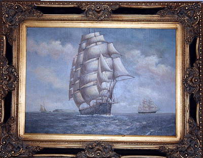 Custon "Ships at Sea" on canvas: "Ships" oil on canvas signed by Custon measuring approx. 29 x 37 ornate framed. The work has been very well maintained in very good condition with the framed being in good condition.