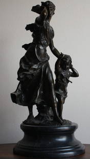 Moreau "Woman and Child" bronze sculpture: "Woman and Child" bronze sculpture after Moreau measuring approx. 23h x 12w x 11d having a dark brown patina and good detail. The sculpture is in very good condition.