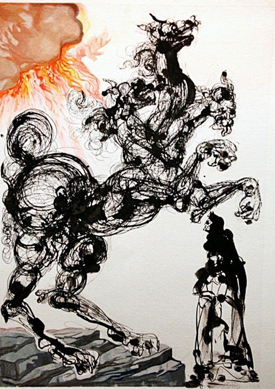Dali "Cerberus" Woodblock in colors: Dali "Cerberus" Woodblock in Colors. Circa@1964 from the Hell Canto from the Devine Comedy. Meticously framed and matted. Mint condition.