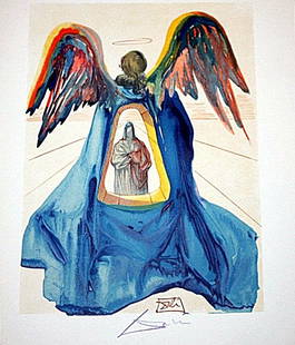 Dali rare signed color woodcut: Signed woodblock printed in colors on BFK Rives paper after original watercolors by the artist as part of a set signed in New York with colored pencil as noted in catalog, c. 1963, printed on BFK