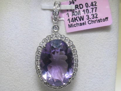 Amethyst and Diamonds 14K White Gold Pendant - Styl: Total Weightof Round-cut Diamonds - 0.42 CT 1 Center Amethyst - 10.77 CTs 14K White Gold - 3.32 grams signed Michael Christoff Appraised Value: $ 4,200.00