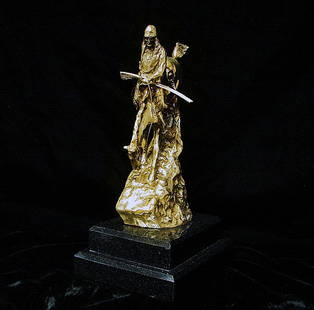 Remington 24K Gold Layered Limited Edition Sculptur: This Frederick Remington sculpture, "Mountain Man" is bronze layered with beautiful 24K gold. Comes with foundry assay. Some variations in marble might occur.