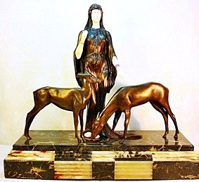 Theresa and Her Loving Does - Bronze and Ivory Scul: L. Richeers extremely rare bronze and ivory sculpture. "Theresa and Her Loving Does". Base signed, carved ivory beautiful painted patina bronze, sits on a marble/onyx base. Some variations of marble a