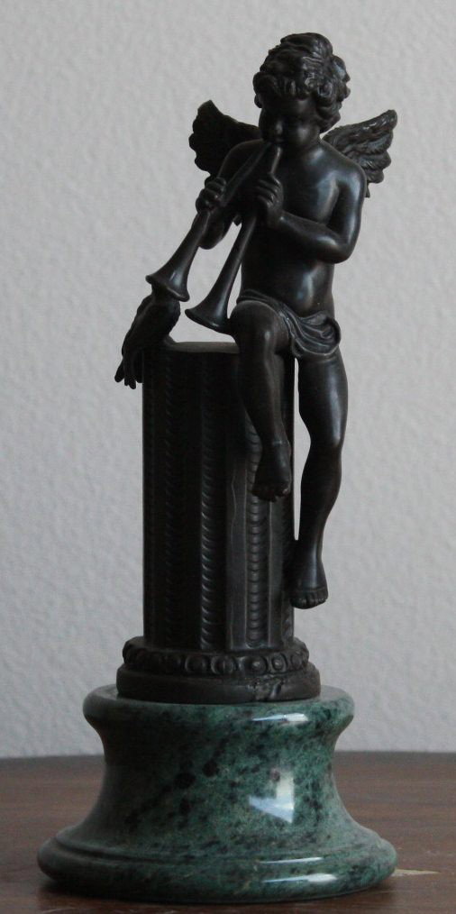 Moreau "Angel with Trumpets" bronze sculpture: "Angel with Trumpets" bronze sculpture after Moreau measuring approx. 8h x 4w x 4d with a brown patina having very good detail and finish.