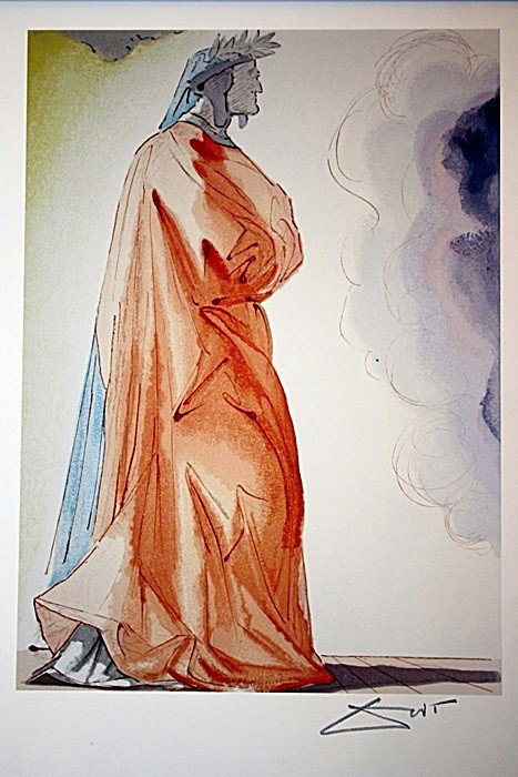 Salvador Dali Woodblock - Signed: This is from Dante's Divine Comedy Series (Paradise) , "Dante". Signed woodblock printed in colors on BFK Rives paper after original watercolors by the artist as part of a set signed in New York with 