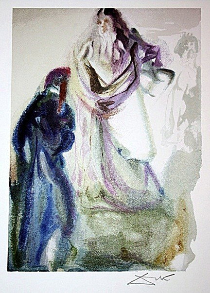 Salvador Dali Woodblock - Signed: This is from Dante's Divine Comedy Series (Paradise), "St. Peter and Dante". Signed woodblock printed in colors on BFK Rives paper after original watercolors by the artist as part of a set signed in N