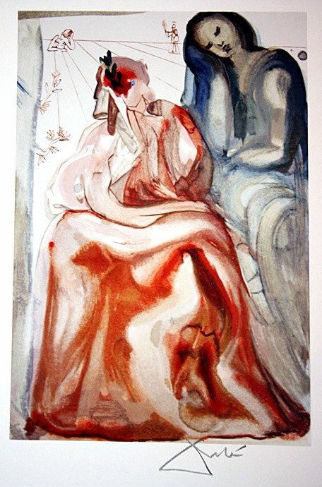 Salvador Dali Woodblock - Signed: This is from Dante's Divine Comedy Series (Purgatory), "Dante Re-Awakes". Signed woodblock printed in colors on BFK Rives paper after original watercolors by the artist as part of a set signed in New 