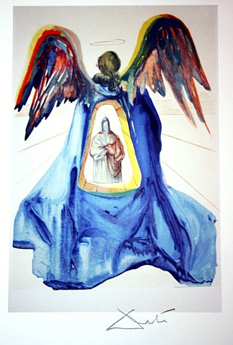 Salvador Dali Woodblock - Signed: This is from Dante's Divine Comedy Series (Purgatory), "Dante Purified". Signed woodblock printed in colors on BFK Rives paper after original watercolors by the artist as part of a set signed in New Y