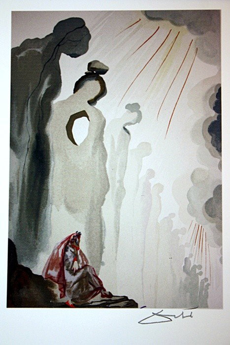 Salvador Dali Woodblock - Signed: This is from Dante's Divine Comedy Series (Purgatory), "The Second Cornice". Signed woodblock printed in colors on BFK Rives paper after original watercolors by the artist as part of a set signed in N