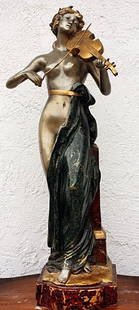 Lady with Violin bronze sculpture: Lady with Violin bronze sculpture measuring approx. 34hx10x10 in fair condition with visible scratches and wear.