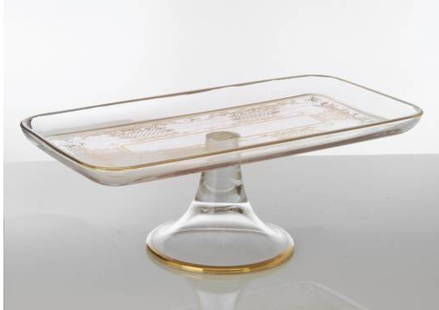 Oblong Italian Crystal Cake Stand w/ Hand Painted 1: 13" Oblong Italian crystal cake stand with hand painted 14K gold Venetian detail. Measures : 13"L x 6.5"W x 4.5"H. VC56