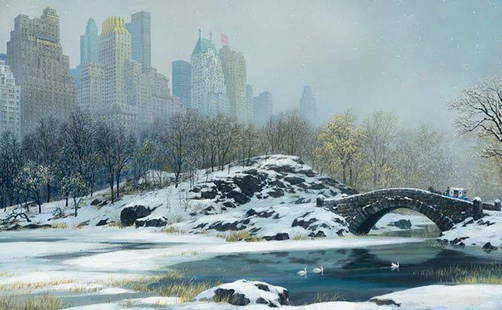 Alexander Chen - Central Park Bridge Winter, Mixed: Alexander Chen "Central Park Bridge Winter" Hand Signed and Numbered Mixed Media on Paper. Edition Size: AP 50. Size: 11.5" x 17.5"