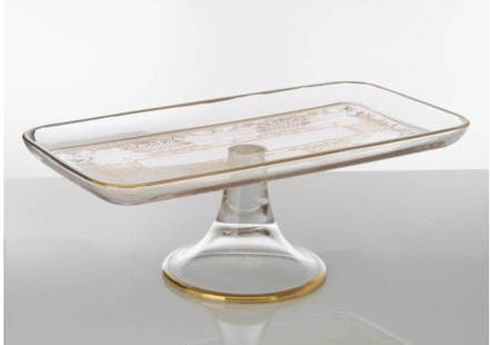 Oblong Cake Stand w/ Hand Painted 14K Gold Detail: 14" Oblong Italian crystal cake stand with hand painted 14K gold Venetian detail. Measures : 14"L x 7.9"W x 4.5"H. VC66