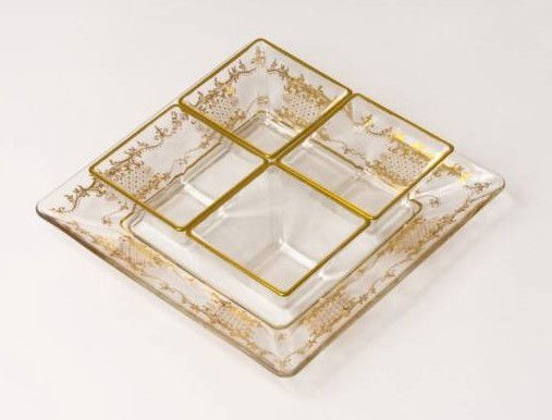 Italian Crystal Relish Dish w Gold: Italian crystal relish dish with hand painted 14K gold Venetian detail. Measures : 8" plate - 3" sectionals. VC23
