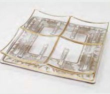 Square Italian Crystal Relish Dish: Italian crystal square relish dish with hand painted 14K gold Venetian detail. Measures : 10.5" plate, 6" sectionals. VC12
