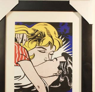 Lichtenstein "The Kiss": Lichtenstein "The Kiss" Limited Edition Giclee'. Signed (plate) and numbered measuring approx. 29x21 meticously framed and matted. Mint condition.