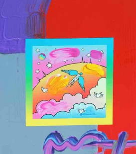 Max "Angel w/clouds" Mixed Media: Peter Max "Angel w/clouds" Original Mixed Media measuring approx. 10x8 in mint condition. Mixed media with acrylic painting and color lithograph on paper. Signed in acrylic.The entire piece is an