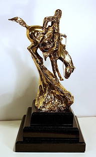 Remington Bronze Sculpture Layered in 24K Gold -Mo: This Frederick Remington sculpture, "Mountain Man" is bronze layered with beautiful 24K gold. Comes with foundry assay. Some variations in marble might occur.