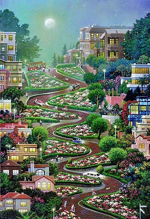 Alexander Chen -Moon Over Lombard Street, Mixed Me: Alexander Chen "Moon Over Lombard Street" Hand Signed and Numbered Mixed Media on Paper. Edition Size: AP 50. Size: 11.5" x 17.5"
