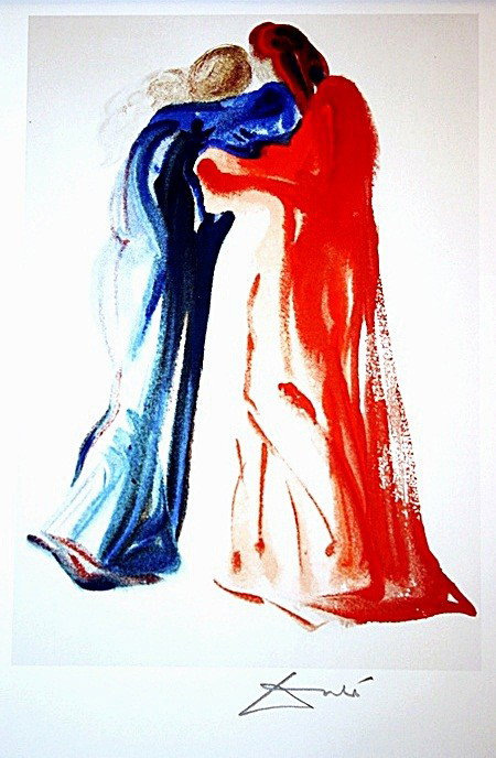 Salvador Dali Woodblock - Signed: This is from Dante's Divine Comedy Series (Purgatory), "Dante and Beatrice". Signed woodblock printed in color after original watercolors by the artist as part of a set signed in New York with colored