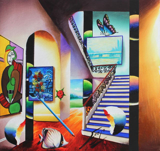 Ferjo "Butterfly Perched on a Master" Original on C: Ferjo "Butterfly Perched On A Master" Original oil on canvas. The work is beautifully framed measuring approx.21x21. The work is an hand signed original in mint condition.Serial numbered on verso,cata