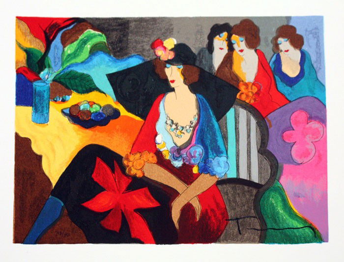 Tarkay "Gossip": Limited edition embossed serigraph by Itzchak Tarkay. Printed on heavy woven archival paper. Hand signed by the artist, beautifully framed and in mint condition. Approximate size: 15.5X17.5