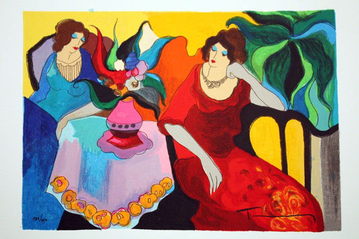 Tarkay "Tranquility": Limited edition embossed serigraph by Itzchak Tarkay. Printed on heavy woven archival paper. Hand signed by the artist, beautifully framed and in mint condition. Approximate size: 15.5X17.5