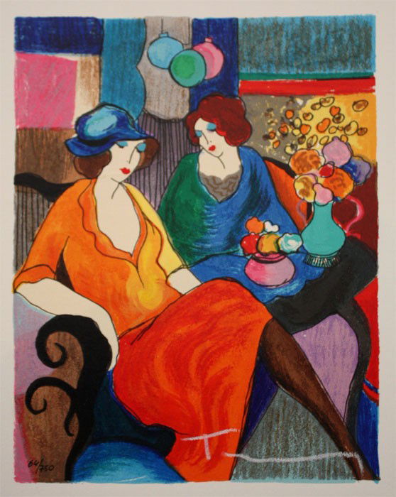 Tarkay "The Chat": Limited edition embossed serigraph by Itzchak Tarkay. Printed on heavy woven archival paper. Hand signed by the artist, beautifully framed and in mint condition. Approximate size: 14.5"X11.5".