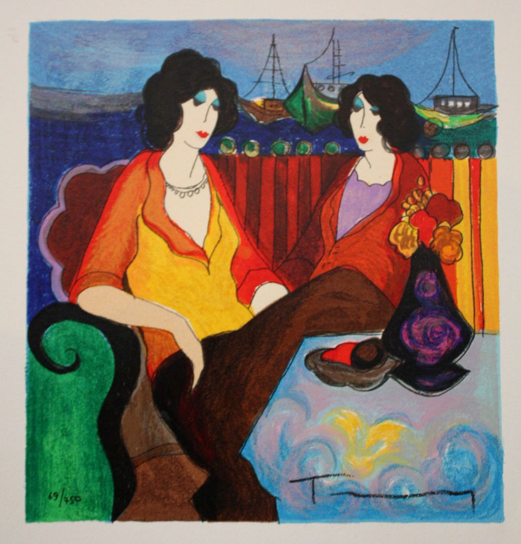 Tarkay "At the Port": Limited edition embossed serigraph by Itzchak Tarkay. Printed on heavy woven archival paper. Hand signed by the artist, beautifully framed and in mint condition. Approximate size: 15.5X13