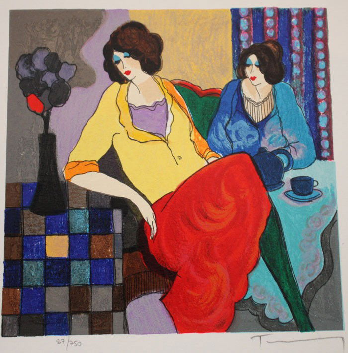 Tarkay "Sisters Three": Limited edition embossed serigraph by Itzchak Tarkay. Printed on heavy woven archival paper. Hand signed by the artist, beautifully framed and in mint condition. Approximate size: 14.5X14.5