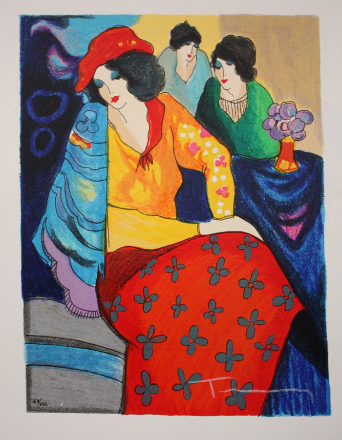 Tarkay "Blue Mood": Limited edition embossed serigraph by Itzchak Tarkay. Printed on heavy woven archival paper. Hand signed by the artist, beautifully framed and in mint condition. Approximate size: 17.5X13.5