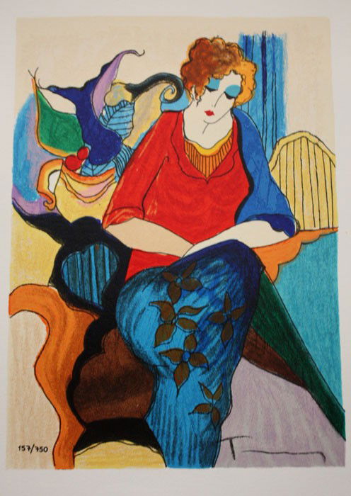 Tarkay "Waiting": Limited edition embossed serigraph by Itzchak Tarkay. Printed on heavy woven archival paper. Hand signed by the artist, beautifully framed and in mint condition. Approximate size: 17X13