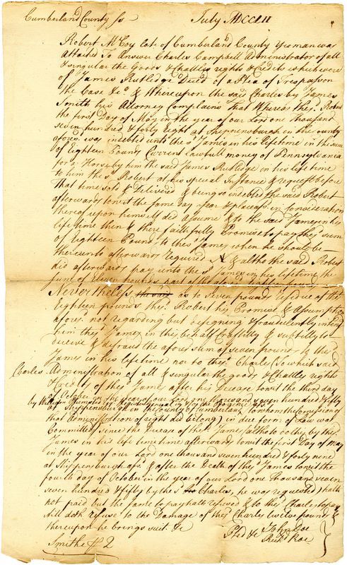 JAMES SMITH SIGNED LEGAL DOCUMENT: 44. JAMES SMITH (1720?-1806). Irish-born American lawyer and politician; Signer of the Declaration of Independence. He was representative from Pennsylvania to the Continental Congress (1776-78). An ar