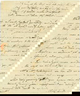 ARTIST ROBERT FIELD HANDWRITTEN SIGNED LETTER: 747. ROBERT FIELD ALS, 1½pp with integral leaf, 7½"x9¼", [MD, ca. 1800]. To young lawyer John Leeds Kerr, with intriguing content and satiric wit, apparently referring to a romantic triangle. At to