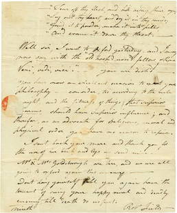 ARTIST ROBERT FIELD HANDWRITTEN SIGNED LETTER: 747. ROBERT FIELD ALS, 1½pp with integral leaf, 7½"x9¼", [MD, ca. 1800]. To young lawyer John Leeds Kerr, with intriguing content and satiric wit, apparently referring to a romantic triangle. At