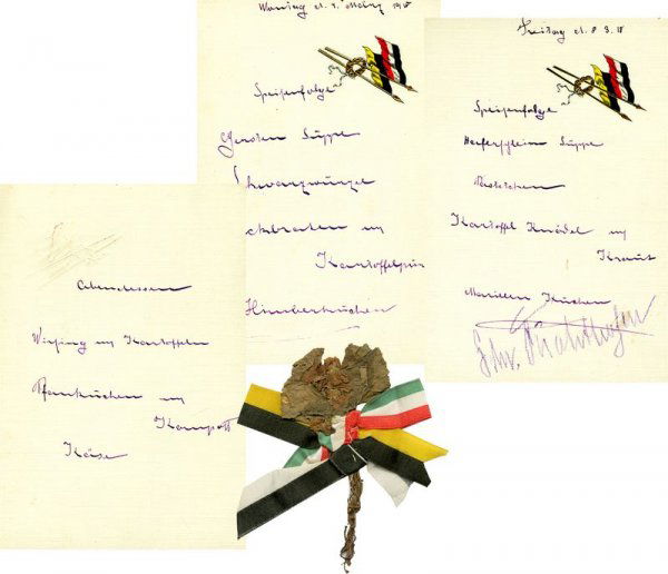 MANFRED VON RICHTHOFEN SIGNED MENU/WREATH: RICHTHOFEN HOSTS GERMAN-AUSTRIAN PILOTS DINNER EVENT198. MANFRED VON RICHTHOFEN (1892-1918). German military aviator, leader of a fighter squadron known as Richthofen's Circus, credited with the destr