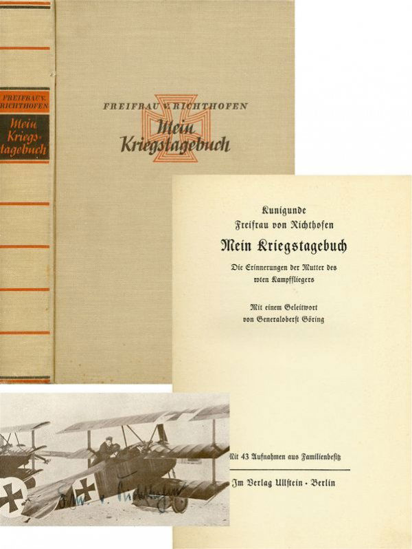 MANFRED VON RICHTHOFEN SIGNED PHOTO W/BIO: 199. MANFRED VON RICHTHOFEN Printed SP, b/w, 5¼"x3" photo card image atop his famous triplane on airfield. Darkly signed in blue fountain pen across image. Fine example. Accompanied by his mother's b