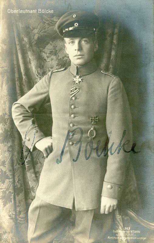 OSWALD BOELCKE SIGNED SANKE PHOTOGRAPH: 202. OSWALD BOELCKE (1891-1916). One of Germany's most successful fighter pilots until his death in 1916 in a dogfight with British and French fighters; innovator of tactical air combat based upon air