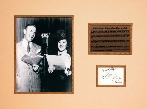 GEORGE BURNS & GRACIE ALLEN /VON ZELL SIGNED LEAF: 783. BURNS & ALLEN Both have signed a vintage album leaf, 3½"x2¼, in black fountain pen. Also signing is radio announcer and film actor HARRY VON ZELL (1906-1981), best remembered for his role in Th