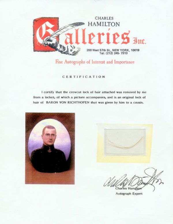 LOCK OF BARON MANFRED VON RICHTOFEN'S HAIR: 143. [MANFRED VON RICHTHOFEN] (1892-1918). German military aviator, leader of a fighter squadron known as Richthofen's Circus, credited with the destruction of 80 Allied planes before being shot down