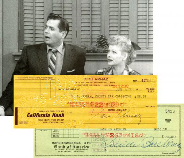 LUCILLE BALL & DESI ARNAZ SIGNED CHECKS: 743. LUCY & DESI ARNAZ Famed Hollywood couple comedienne Lucille Ball (1910-1989); and her husband, band leader and singer Desi Arnaz (1915-1986). They costarred in television's 1950s comedic staple I
